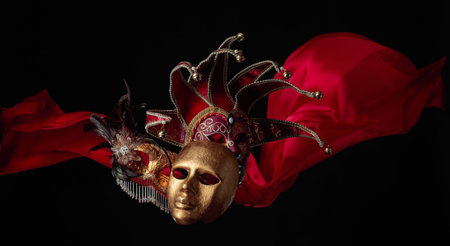 Old carnival masks on a black background with flutters red cloth. Copy space.の写真素材