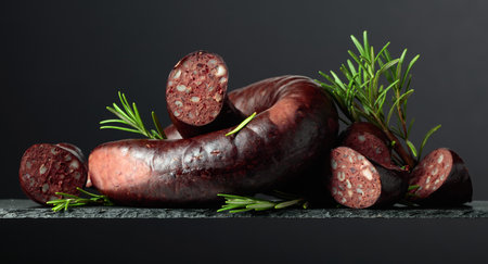 Spanish black pudding or blood sausage with rosemary on a black background.の写真素材