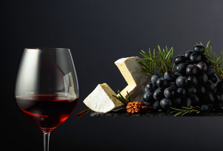 Red wine with cheese brie, walnuts, grapes, and rosemary on a black background.の写真素材