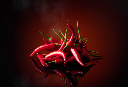 Red hot chili pepper with smoke on a black reflective background.の写真素材