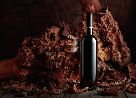 Bottle and glass of red wine on an old wooden table. In the background are old snags and dried-up vine leaves. Copy space.の写真素材