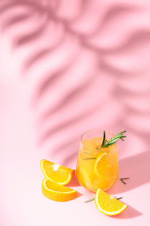 Summer cocktail with orange, rosemary, and ice. Drink on pink background with palm leaf shadow. Summer, tropical, fresh cocktail concept.の写真素材