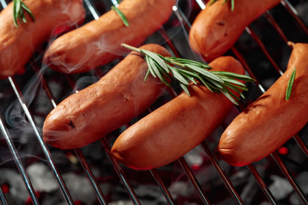 Grilled sausages on a grill with smoke on dark background.の写真素材