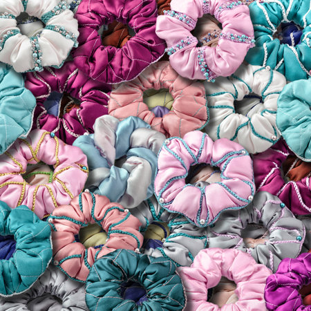 Lots of silk scrunchies. Square colorful background.の写真素材
