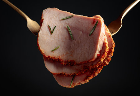 Spicy sliced ham with rosemary on forks.