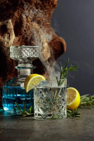 Cocktail Gin-tonic with lemon and rosemary in a crystal glass. Smoked rosemary old-fashioned cocktail on a table. In the background old snag.の写真素材