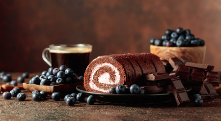 Chocolate roll cake with blueberries and a broken black chocolate bar.の写真素材