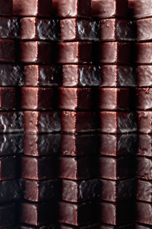 Chocolate candies on a black reflective background.