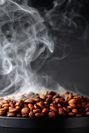 Steaming coffee beans on a black background. Selective focus. Copy space.の写真素材