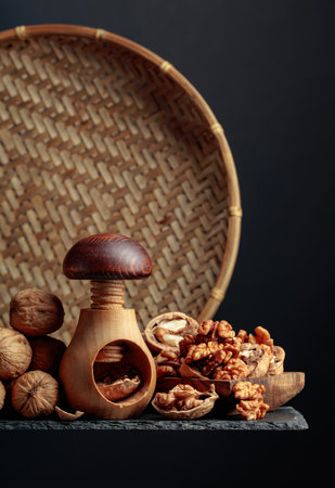 Walnuts on a black background. Copy space.