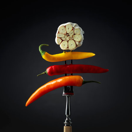 Red hot chili peppers with garlic on a black background. Concept of spicy food.の写真素材