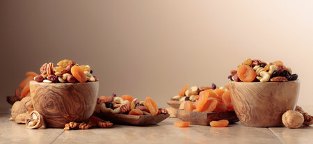 Dried fruits and nuts on a beige ceramic table. The mix of nuts, apricots, and raisins. Copy space.の写真素材