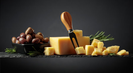 Parmesan cheese with fork, olives, and rosemary on a black background.の写真素材