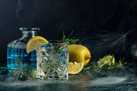 Cocktail Gin-tonic with lemon and rosemary in a crystal glass. Smoked rosemary old-fashioned...