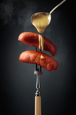 Boiled sausages with mustard on a fork. Hot sausages with smoke on a black background.の写真素材