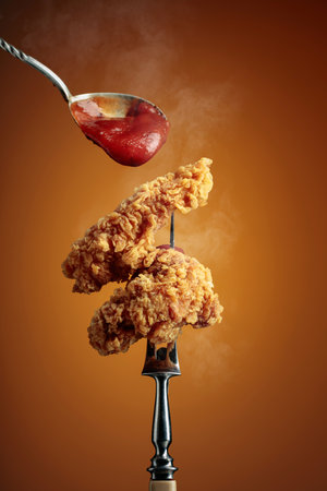 Delicious crispy fried chicken with tomato sauce. Fried chicken with ketchup on a fork.の写真素材
