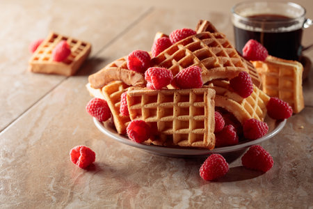 Belgian waffles with raspberries and black coffee on a brown background.の写真素材
