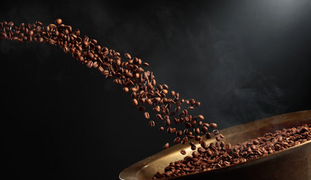 Medium-roasted coffee beans are poured into an old brass roasting pan. Copy space.の写真素材