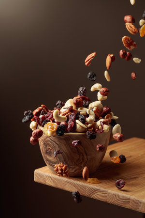 Flying dried fruits and nuts. The mix of nuts and dried berries are in a wooden bowl.の写真素材