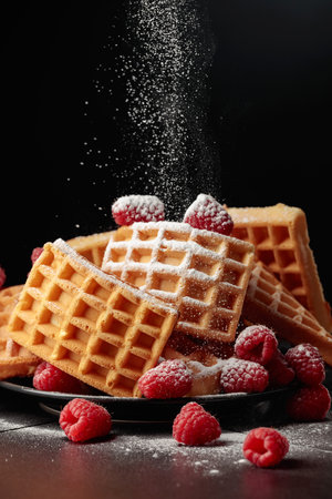 Belgian waffles with raspberries sprinkled with powdered sugar. Waffles with raspberries on a black background.の写真素材