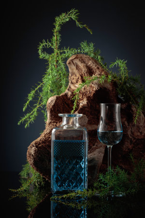 Blue gin on a black background. Juniper branches and old driftwood are in the background.の写真素材