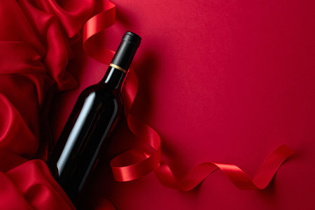 Bottle of red wine on a red background. Top view.の写真素材