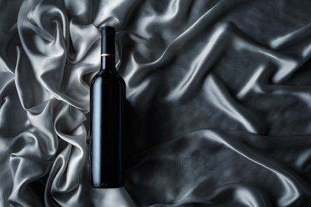 Bottle of red wine on a grey satin background. Top view.の写真素材