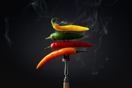 Hot chili peppers with smoke on a black background. Concept of spicy food.の写真素材