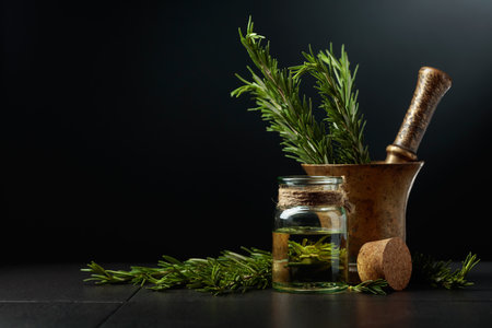 Bottle of rosemary aromatherapy oil extract with fresh rosemary branches and old brass mortar. Black background with copy space.の写真素材