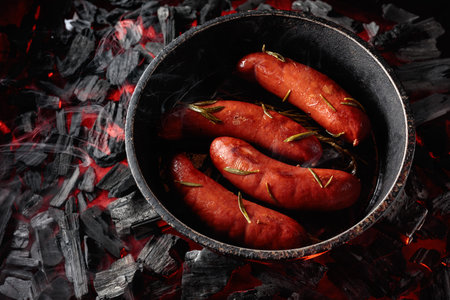 Roasted Bavarian sausages with rosemary in an old pan on a burning charcoal.の写真素材