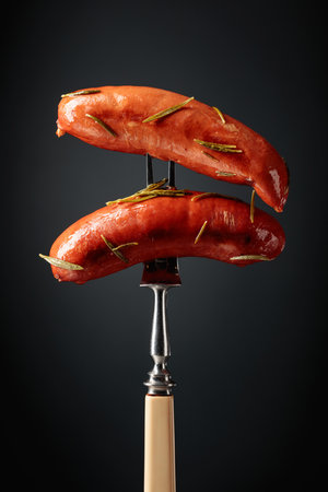 Roasted Bavarian sausages with rosemary on a fork.の写真素材