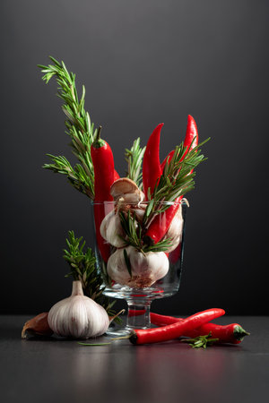 Red hot chili peppers, garlic, and rosemary on a black background.Copy space.の写真素材