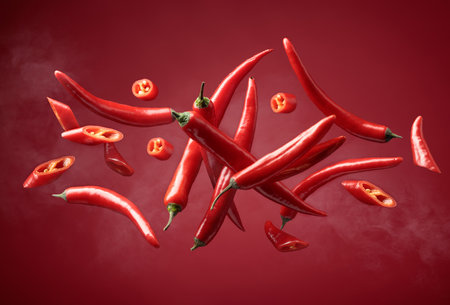 Steaming red pepper in motion on a red background. Spicy food theme concept.の写真素材
