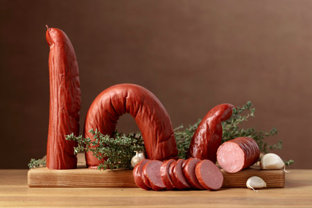 Smoked sausage with thyme and garlic on a wooden table. Copy space.の写真素材