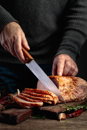 Hands of a male butcher cutting spicy ham on an old wooden table. Christmas dinner.の写真素材
