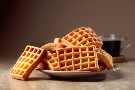 Belgian waffles and black coffee on a brown ceramic table. Copy space.の写真素材