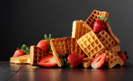 Belgian waffles with strawberries on a black ceramic table. Copy space.の写真素材