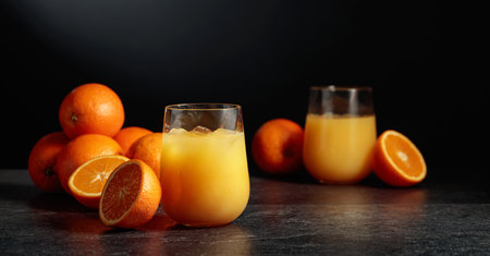 Orange juice in a glass with ice. Black background with copy space.の写真素材