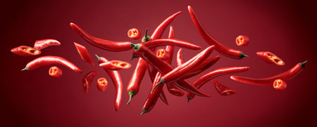 Red chili peppers in movement on a red background.の写真素材