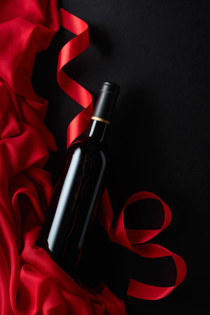 Bottle of red wine with red satin on a black background. Top view.の写真素材