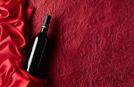 Bottle of red wine on a old red background. Top view.の写真素材