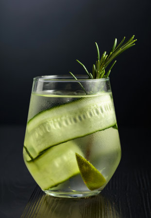 Gin tonic with ice, rosemary, lime, and cucumber in frosted glass. Glass with a cocktail on a black background.の写真素材