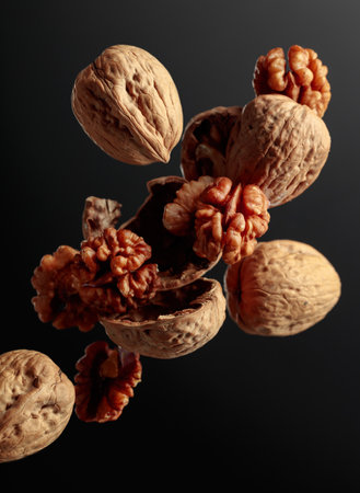 Food levitation. Walnuts on a black background.の写真素材