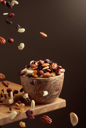 Flying dried fruits and nuts. The mix of nuts and dried berries are in a wooden bowl.  Copy space.の写真素材