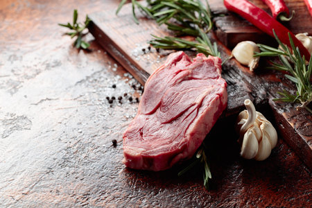 Raw beef meat steak with rosemary, garlic, salt, and pepper on an old brown table.の写真素材
