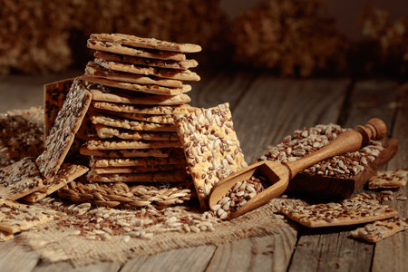 Crispy crackers with sunflower and flax seeds on an old wooden table. Simple healthy food.の写真素材