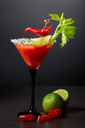 Bloody Mary cocktail with celery, lime, and red pepper. The glass is decorated with sea salt.の写真素材