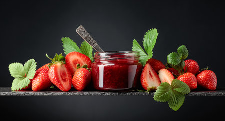 Strawberry jam in a small jar and fresh berries with leaves on a black background.の写真素材