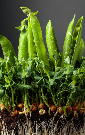 Fresh pea pods and microgreen sprouts on a black background. Concept of healthy food.