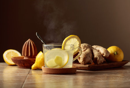 Ginger tea with lemon on a kitchen table. Copy space.